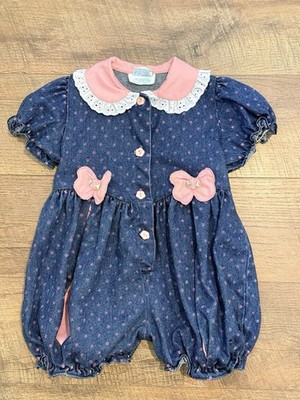Toddler Vtg Girls Denim Cotton Romper Bubble One-Piece Sz 4 Short Sleeve Flowers