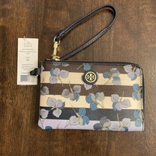 New Tory Burch Wristlet Zip Around Wallet Iris Floral Striped Nwt Primula