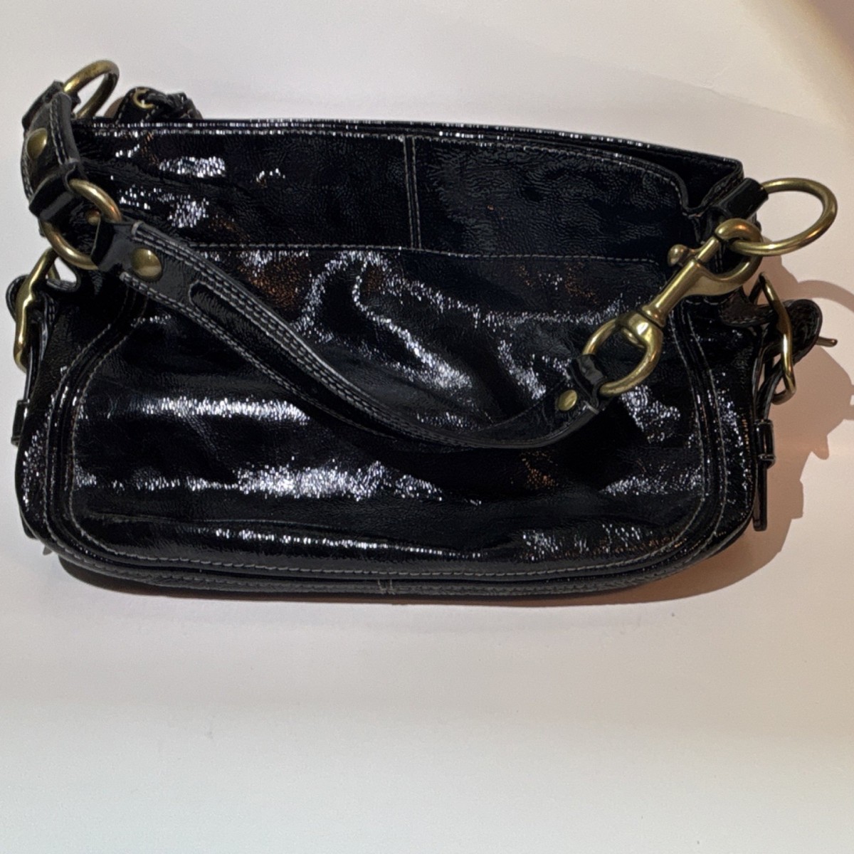 Coach Black Patent Leather Shoulder Bag Gold Hardware Purple