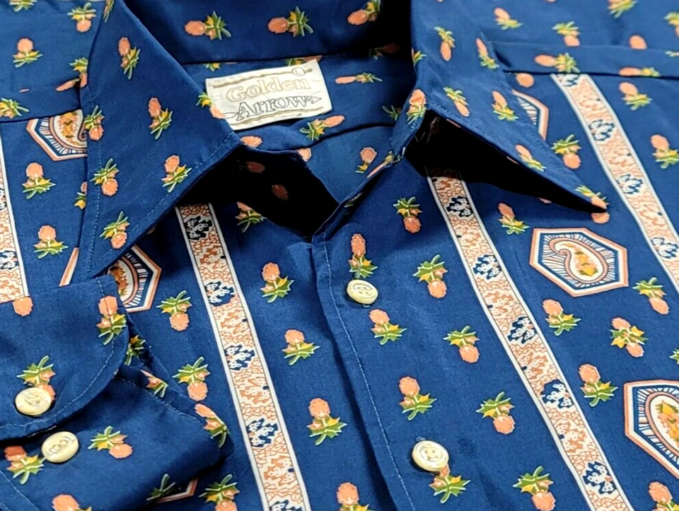 Camisa De Colección Años 70 Flecha Dorada Para Hombre L Multicolor Paisley Piña Abotonada Campamento Foto 3 de 4