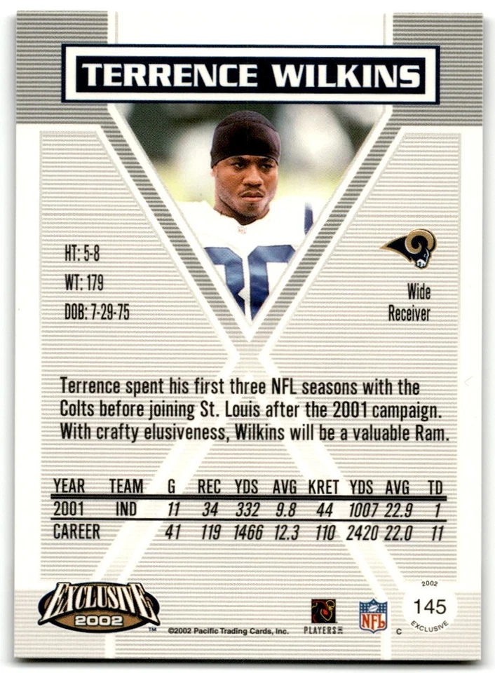 2002 Pacific Exclusive Terrence Wilkins Los Angeles Rams #145 - Image 2 of 2