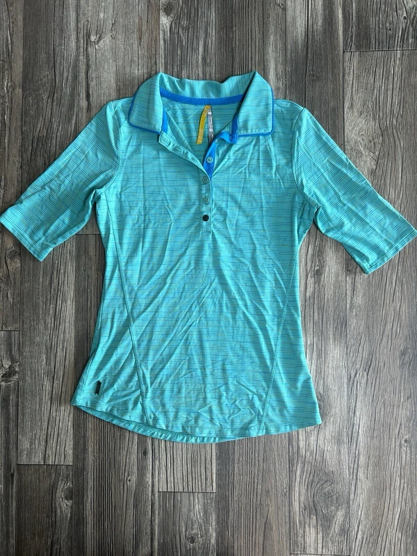 lole button up collar 1/4 sleeve outdoor stripes logo shirt