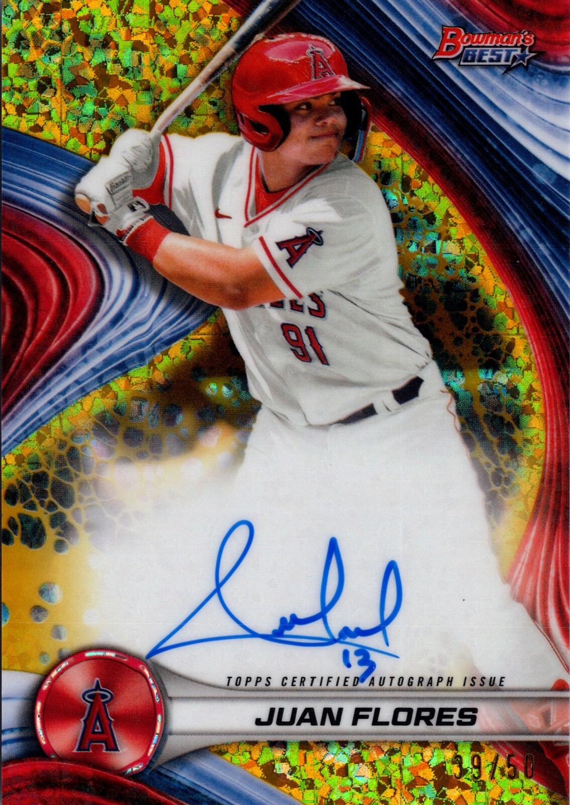 2024 Topps Bowman Best Juan Flores #824-JF Gold Mini Diamonds 39/50 On-Card Auto
