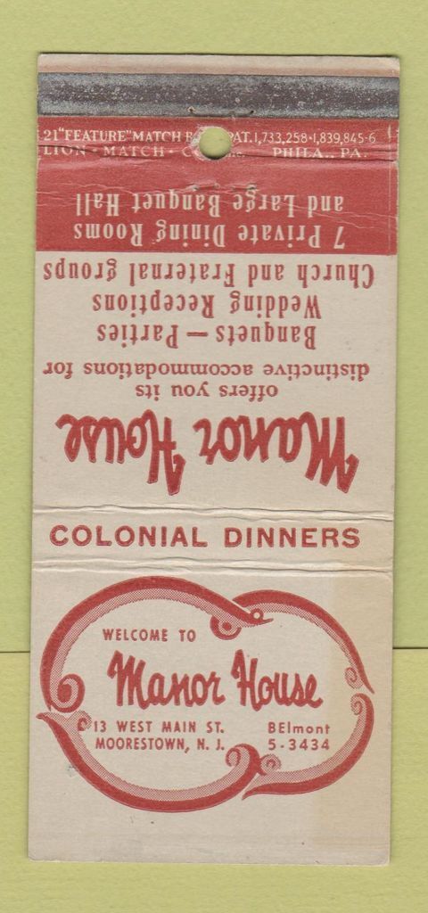 Matchbook Cover - Manor House Moorestown NJ 21 Strike Feature