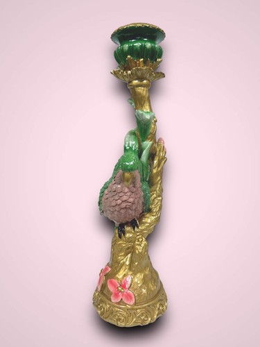 Exotischer Kerzenständer mit Papagei Sittich Ast Zweig Gold Grün 33cm NEU - Bild 7 von 8