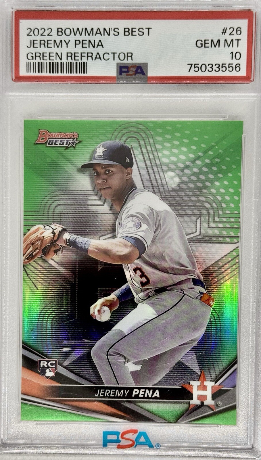 2022 Bowman's Best Jeremy Pena Green Refractor Rookie /99 RC #26 PSA 10 WS MVP