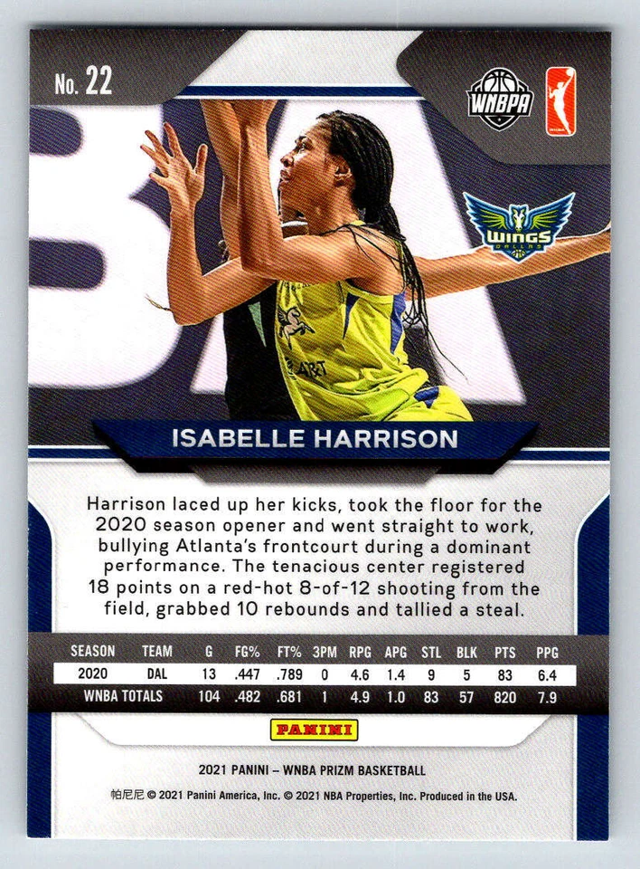 2021 Panini Prizm WNBA #22 Isabelle Harrison (ref 191140) - Image 2 of 2