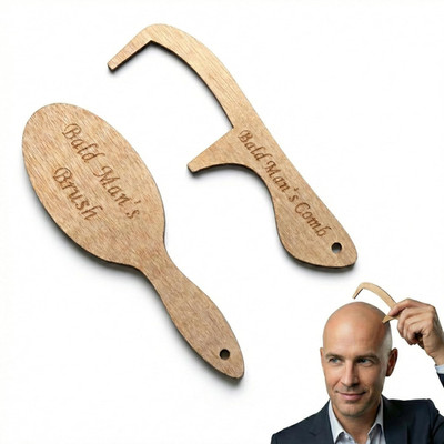 2PCS Wooden Bald Man's Comb and Brush Set | Funny Gag Gift for Bald Men | Novelt