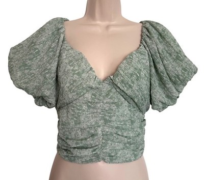 Lush Sage Floral Cropped Top Size Small Puff Short Sleeve NWT $30 Smocked Green