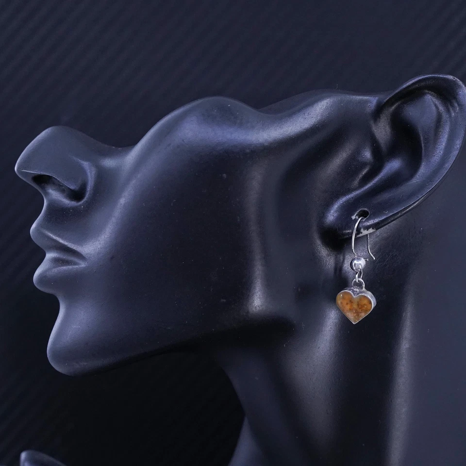 Vintage Mexican sterling silver 925 handmade heart earrings with resin flower - Image 2 of 4