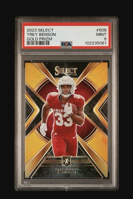 2023 Panini NFL Select #508 Trey Benson XRC Gold Prizm /10 Arizona Rookie PSA 9