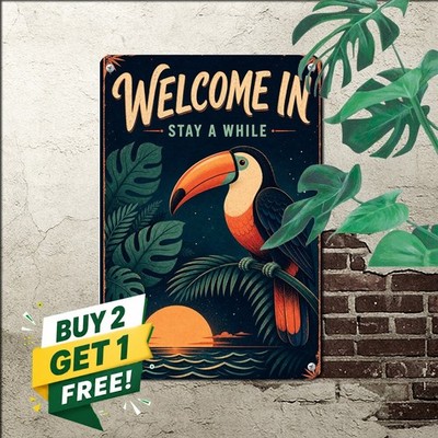 Exotic Leaf Tropical Greeting Quote Tin Sign Bold Coastal Porch Wall Plaque