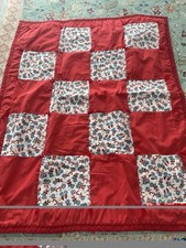 Lap Quilt,   Thing 1  2  Pattern, Yarn Tied, Red, White and Turquoise, 32 x 40  