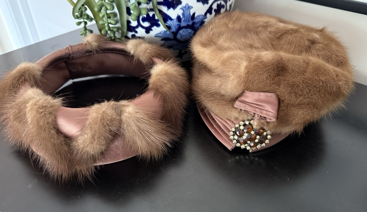 Vintage Mink Pillbox Hat Ring Fur with Brooch Freiman New  display picture 2