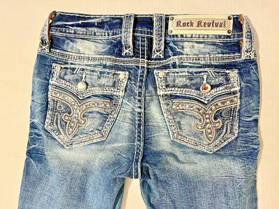 Rock Revival Jeans Womens Denim Blue Mid-Rise Boot Cut Preppy Bling Size 24 Y2K