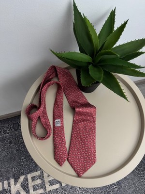 Hermès Paris 100% Silk Tie Red Geometric H Pattern Made in France Luxury Designe