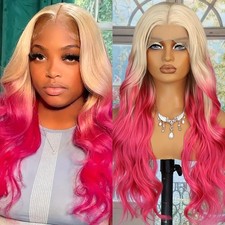 Blonde Ombre Pink Lace Front Wigs Long Body Wave Hair Heat Resistant Glueless