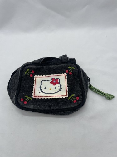 Vintage Sanrio Smiles Hello Kitty Black Denim Cherries Zip Up Pouch Bag 1998