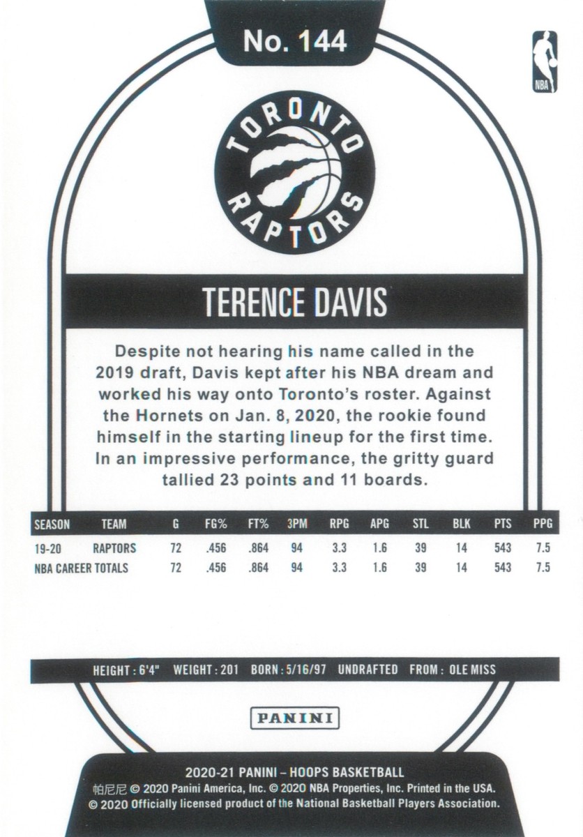 Terence Davis II 2020-21 Panini NBA HOOPS Base Card #144 Toronto