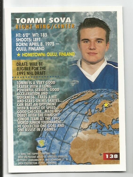 TOMMI SOVA 1994-95 TOPPS FINEST WJC FINLAND ROOKIE CARD MINT