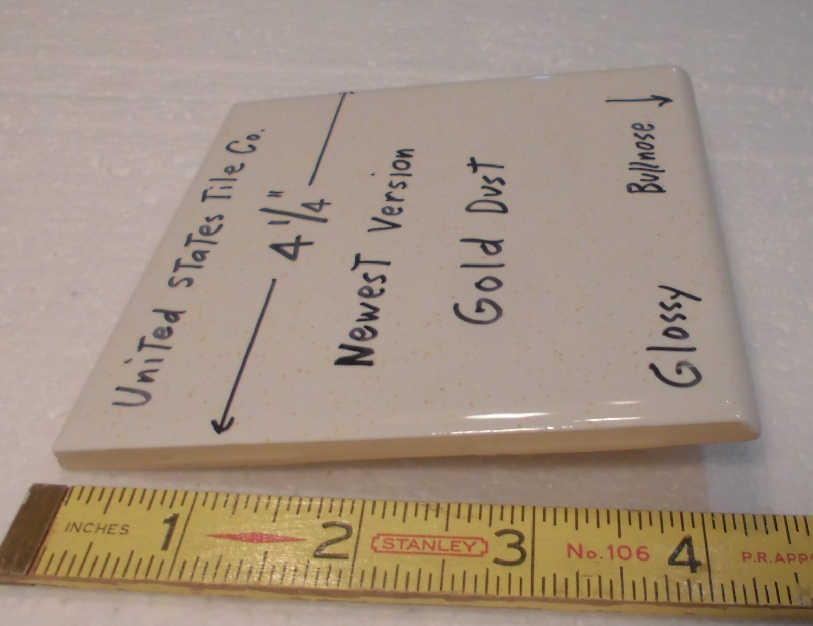 Vintage Ceramic White Bullnose Tile With Gold Specks – 4-3/8 X 4-3/8 Inch, Glossy Wall Tile, NOS