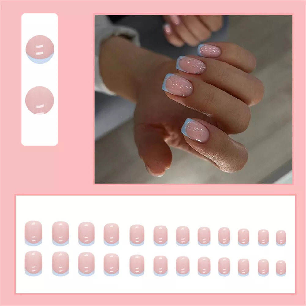 Short Fake Nails French Press on acrylics Nails Square Full Cover Blue  False Nails for Women and Girls 24PCS
