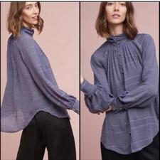 M ANTHROPOLOGIE FEATHER BONE MARIETTA High neck Button Up Jewel Steel Gray Blue