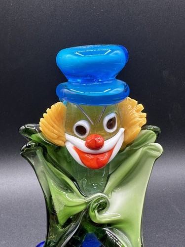 Vintage Murano Kunst Glas Clown mit blauem Hut und riesiger grüner Schleife - Bild 2 von 7