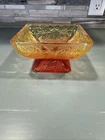 Jeannette Amberina Glass Candy Jar Dish Pedestal Base Stipple Acorns Orange Red