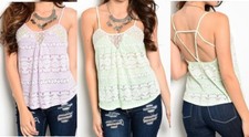 Lavender or Mint Lacy Print Strappy Open Back Cami Top Blouse