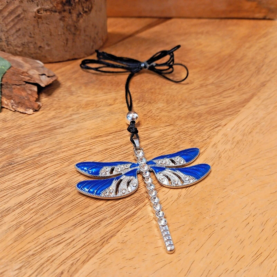 Kette mit großem Anhänger Libelle Emaille Platin Farbe Glasperlen blau (59) - Bild 3 von 4