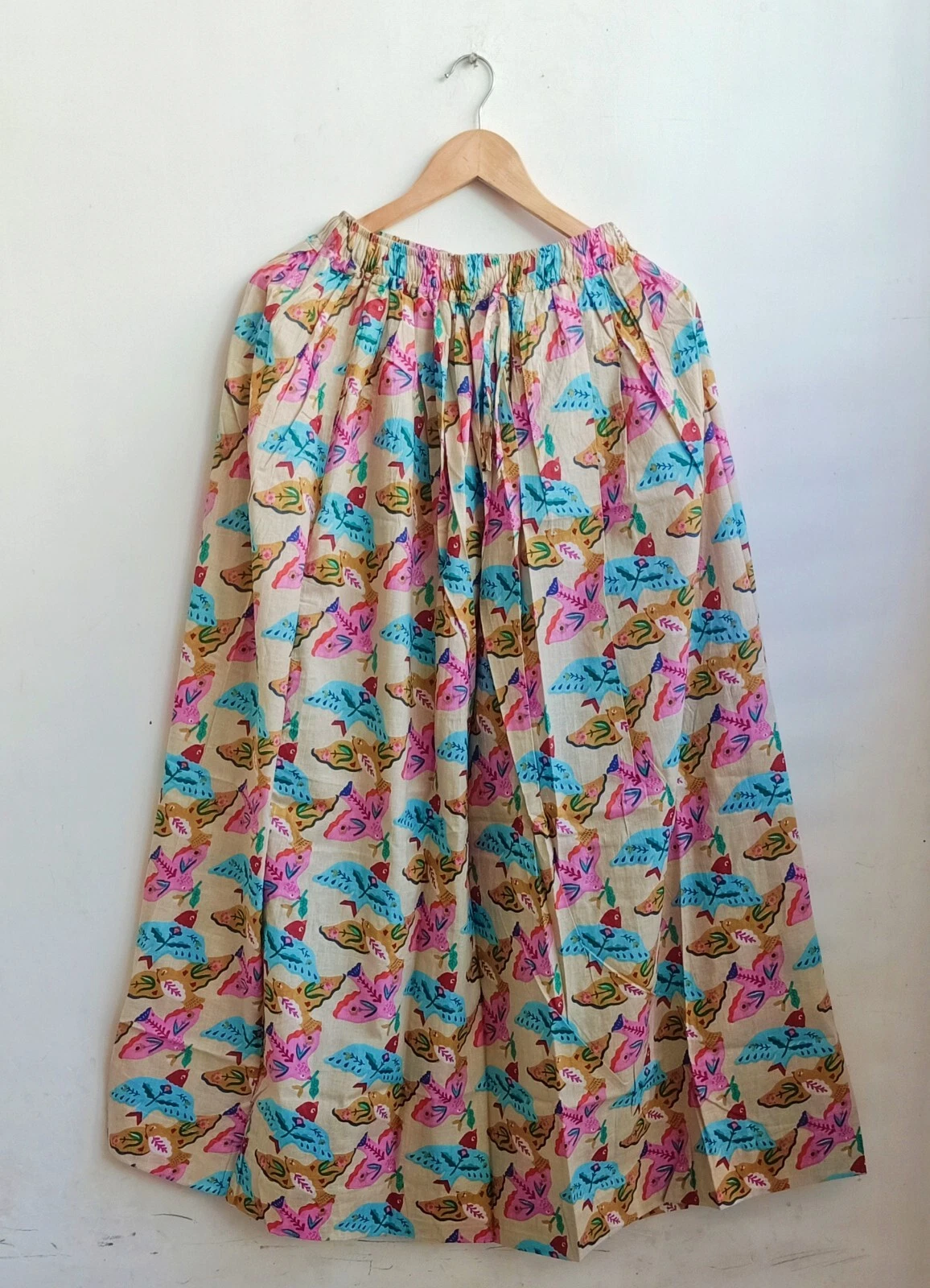 Indian Cotton Beige Airplane Bird Print Skirt Women's Clothing Partywear Skirts