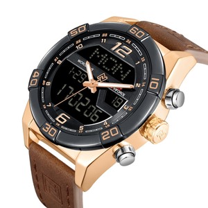 Analog Digital LED Dual Time Display Watch Dark Brown Genuine Leather Band | eBay