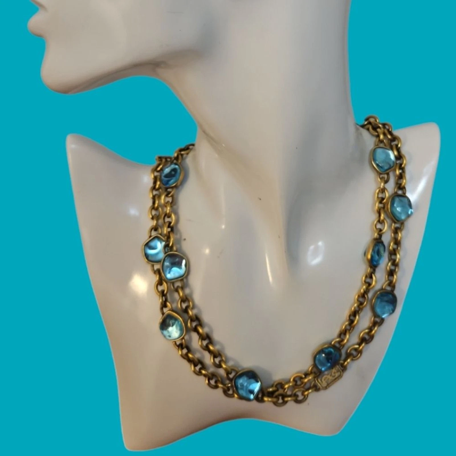 SAINT LAURENT (YSL) Collana stazione cristallo catena avvolgibile lunga vintage Yves Saint Laurent anni 70 80