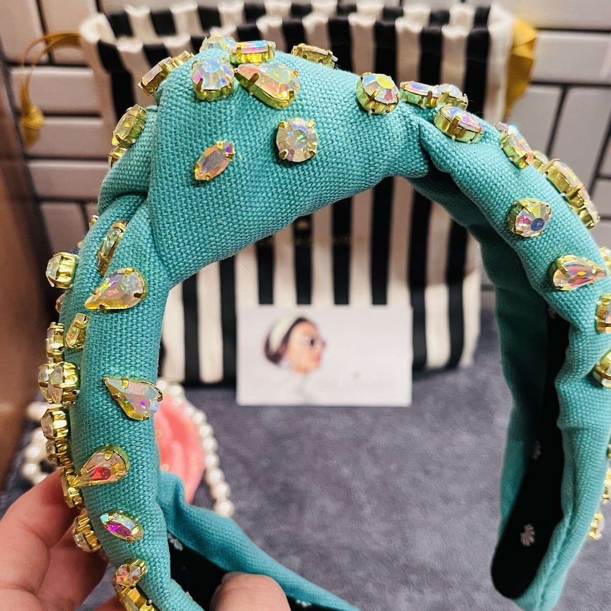 LELE SADOUGHI MIXED MULTI CRYSTAL WOVEN TEAL KNOTTED 