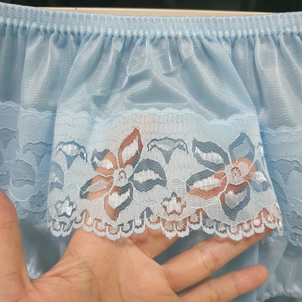 Vintage Sheer Nylon Panty Blue Sissy Floral Lace Granny Brief Size 8 Hip 39-43" - Image 4 of 4