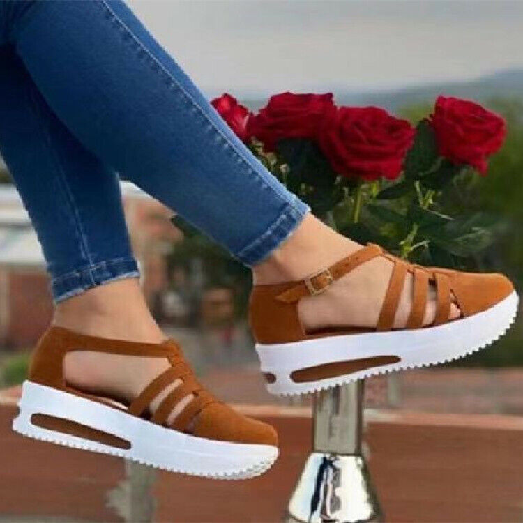 Sandalias de plataforma de cuña para mujer con correa para el tobillo punta cerrada redonda hebilla zapatos de verano