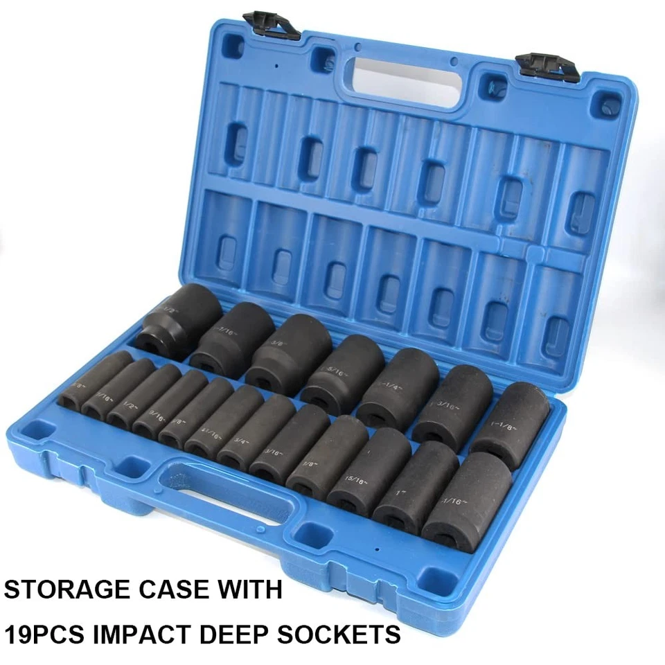 19 Piece 1/2-Inch Drive Impact Socket Set, Deep, SAE, 3/8" to 1-1/2", CR-V&Cr... - Image 2 of 4