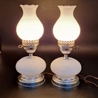 2 Vintage Hobnail Lamp White Milk Glass Hurricane Electric MCM Silver Base Metal