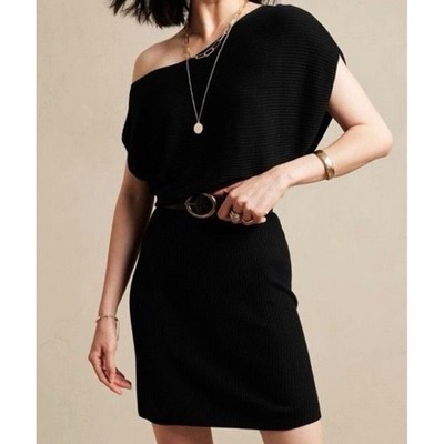 Banana Republic Black Ribbed Knit Asymmetrical Midi Sweater Dress MP Chic Modern