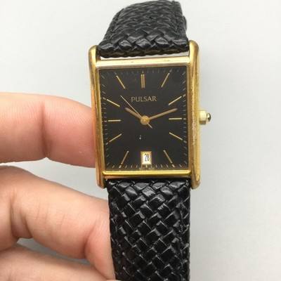 Pulsar Tank Watch Mens 26mm Black Dial Gold Tone Date VX32-X343