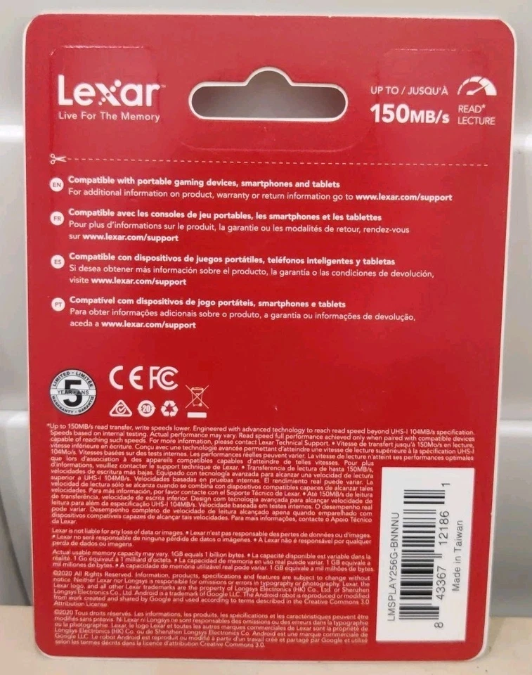 Lexar 256GB Play Micro SD Card, UHS-I, C10, U3, V30, A2, Full HD, 4K, Sealed - Image 2 of 2