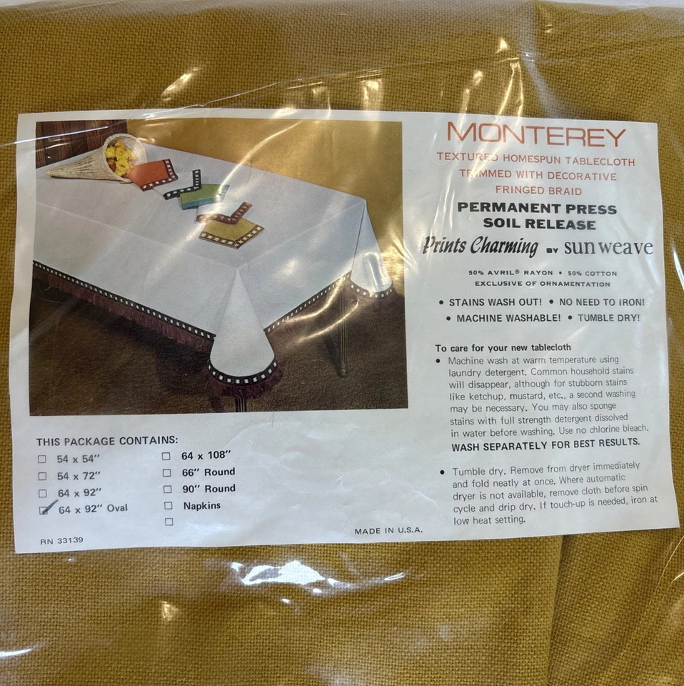 Monterey Permanent Press Tablecloth 64x92 Oval Gold With Fringe New - Image 2 of 4