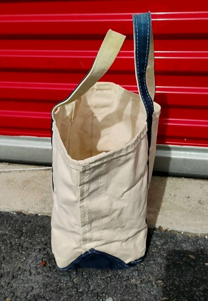 Vintage Boat & Tote LL Bean Cotton Canvas Shopper 10x17x5 Navy Ivory "JVF" - Image 3 of 4