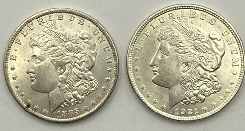 (2) Morgan Silver Dollars, 1885-O+1921, 2 Coins-AU/BU-Nice Coins-Free Shipping