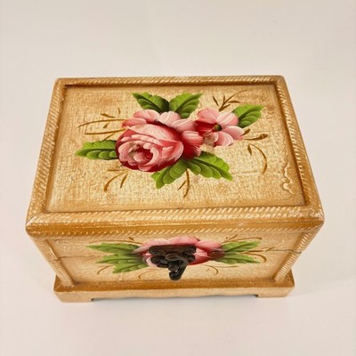 Vtg 90s Cottagecore Hand Painted Floral Trinket Box Wood Keepsake Chest w/ Clasp