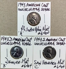 1943 PDS American Steel Cent Beautiful Uncirculated Lincoln Wheat 3 Penny Set