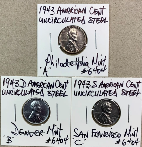 1943 PDS American Steel Cent Beautiful Uncirculated Lincoln Wheat 3 Penny Set