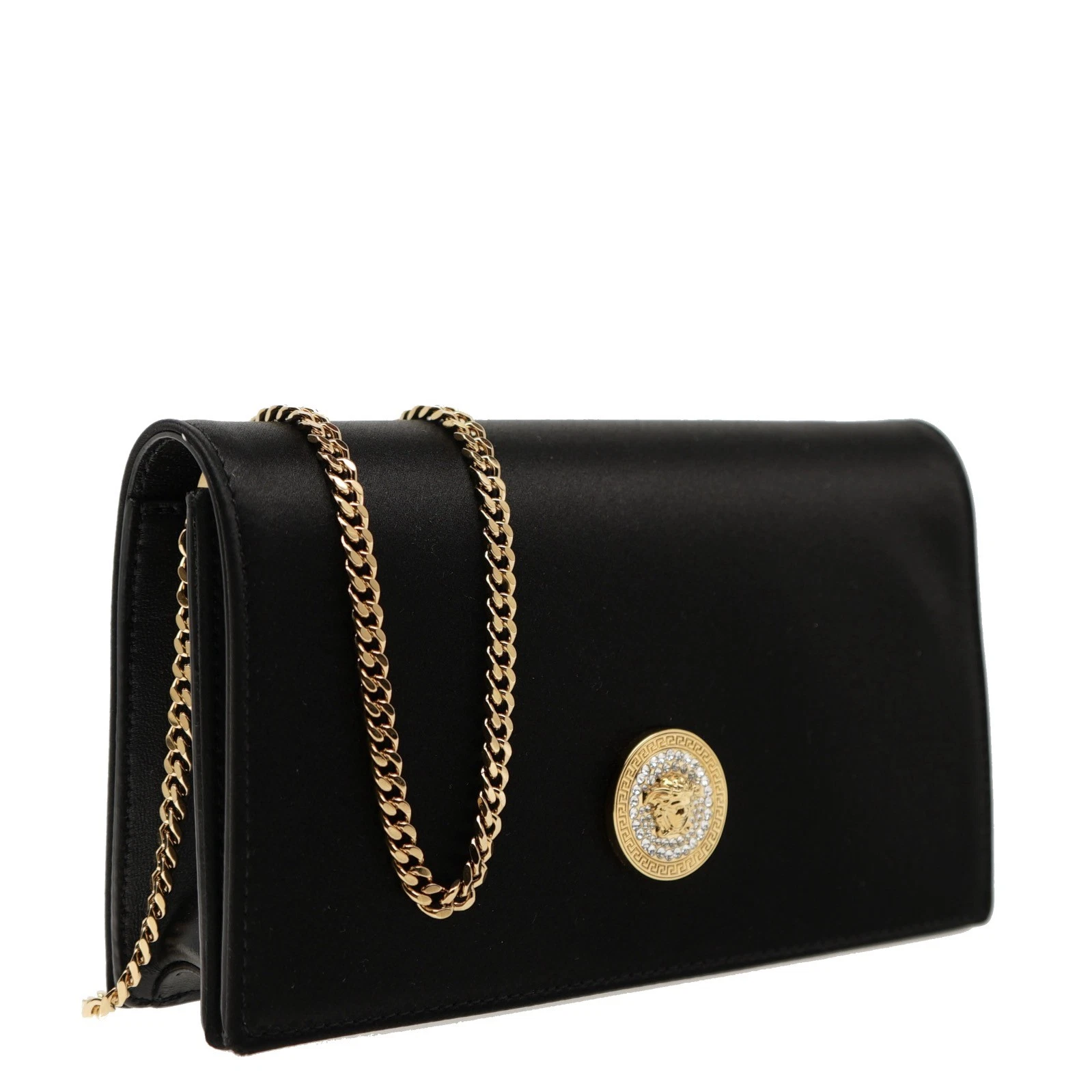 Versace Medusa Crystal Chain Crossbody Black Satin Fabric New
