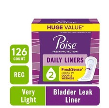 Poise Daily Incontinence Liners, Size 2, Regular Length Very Light, 126 ct